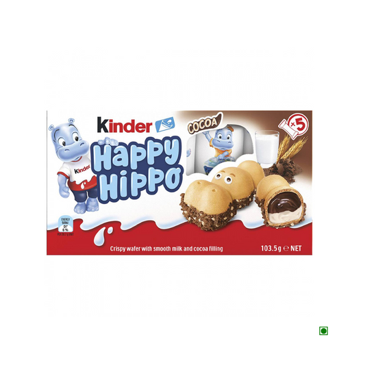 The Kinder Happy Hippo T5X10 103.5g package highlights exquisite chocolate biscuits filled with creamy milk and cocoa, adorned with a cartoon hippo illustration and includes five delicious snacks.