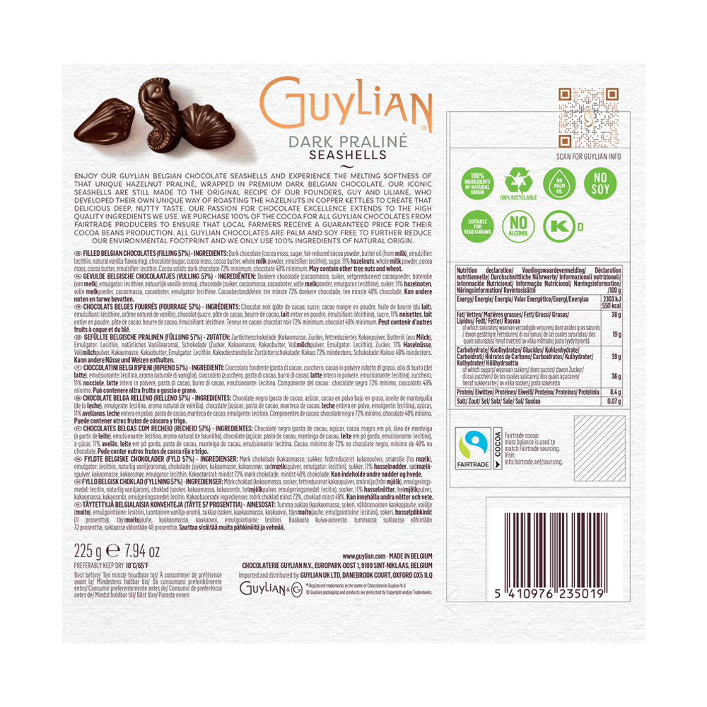 Guylian Seashells Dark Chocolate Praline Giftbox 225g package featuring luscious dark chocolate seashell-shaped pralines against a white background. The back details ingredients, nutritional information, and company contact in Belgium.