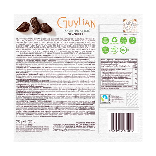 Guylian Seashells Dark Chocolate Praline Giftbox 225g package featuring luscious dark chocolate seashell-shaped pralines against a white background. The back details ingredients, nutritional information, and company contact in Belgium.