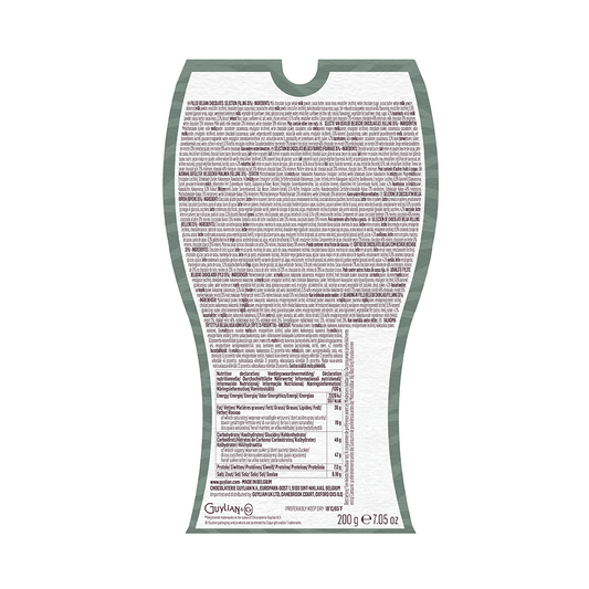 Back view of a 200g (7.05 oz) Guylian Temptations Assortment Giftbox showing detailed nutritional information, ingredients list featuring natural ingredients, and other text in multiple languages. The package has a white background with a gray border. Contains Fairtrade cocoa for an ethical touch.