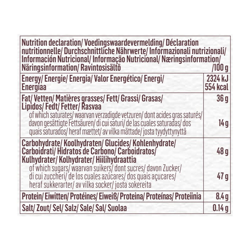 A nutrition label showing the ingredients of a Guylian Original Seashells Limited Edition Chocolate Giftbox 250g.