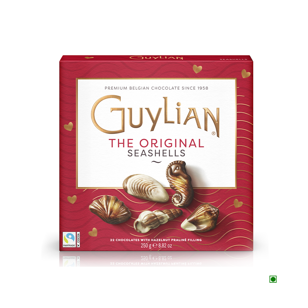 Indulge in the Guylian Original Seashells Limited Edition Chocolate Giftbox 250g, crafted with Belgian chocolate and hazelnut praliné.