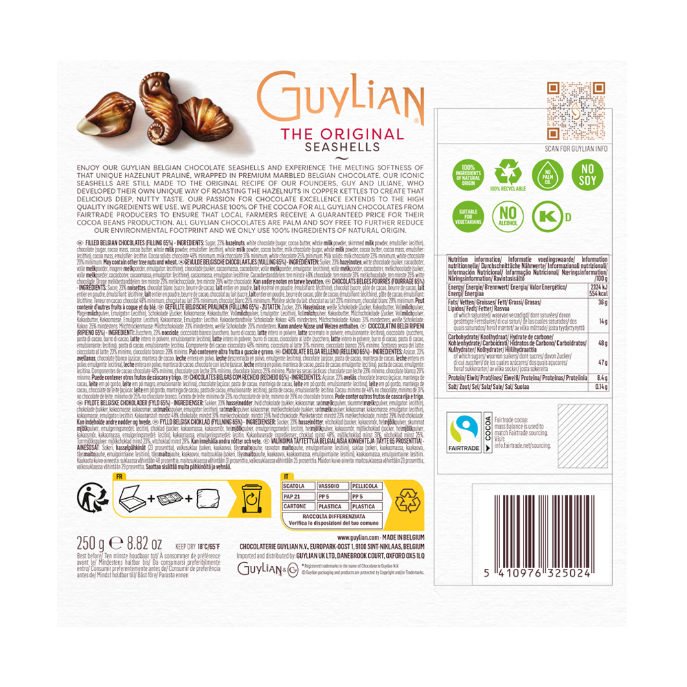 Packaging of Guylian Guylian Original Seashells Limited Edition Chocolate Giftbox 250g Belgian chocolates features detailed nutritional information and an ingredients list. The back includes recycling info and various certification logos.