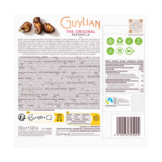 Packaging of Guylian Guylian Original Seashells Limited Edition Chocolate Giftbox 250g Belgian chocolates features detailed nutritional information and an ingredients list. The back includes recycling info and various certification logos.