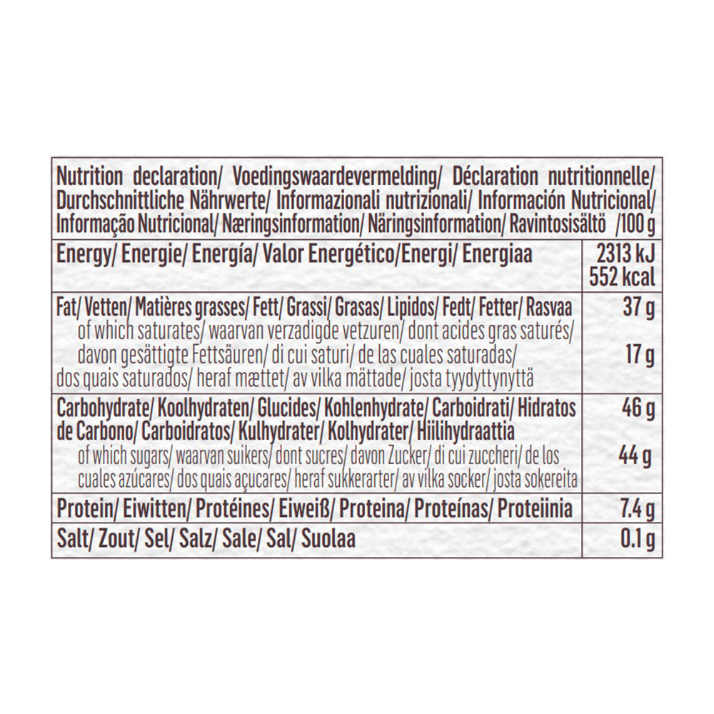 A nutrition label showing the ingredients of Guylian Premium Assortment Belgian Chocolate Giftbox 417g chocolates.