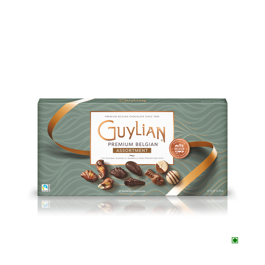 An assorted chocolate box of Guylian Premium Assortment Belgian Chocolate Giftbox 417g sits on a white background.