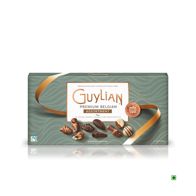 An assorted chocolate box of Guylian Premium Assortment Belgian Chocolate Giftbox 417g sits on a white background.