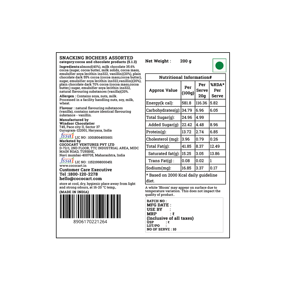 Image of a product information label for "Rhine Valley New Snacking Rochers Assorted 200g." Includes ingredients, nutritional information, manufacturing details, customer care contact, net weight (200g), and a barcode. Perfect for lovers of 70% Dark Chocolate and Milk Dark Chocolate varieties.