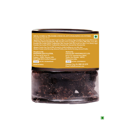 A jar of Rhine Valley Cluster Assorted 200g made with milk and 70% dark chocolate, featuring a brown label that lists the product information and ingredients, including almonds, hazelnuts, and pistachios.