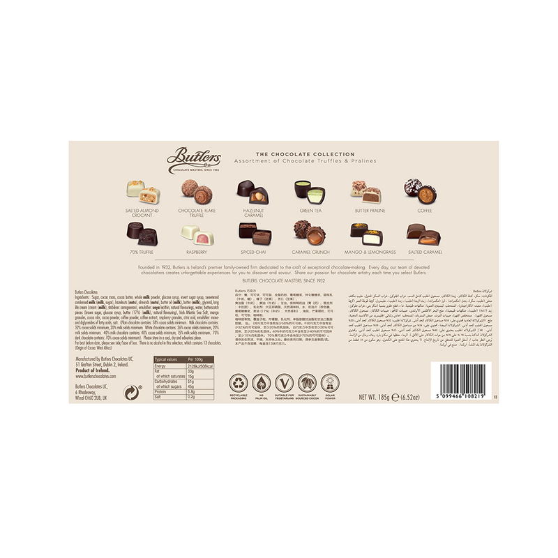 Back of a Butlers Chocolate Collection Giftbox 185g box showing descriptions of various gourmet chocolates, nutritional information, and branding elements.