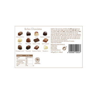 Rear view of a Butlers Medium Chocolate Ballotin 320g box displaying various chocolate types including pralines and chocolate truffles, nutritional information, ingredients list, and a barcode.
