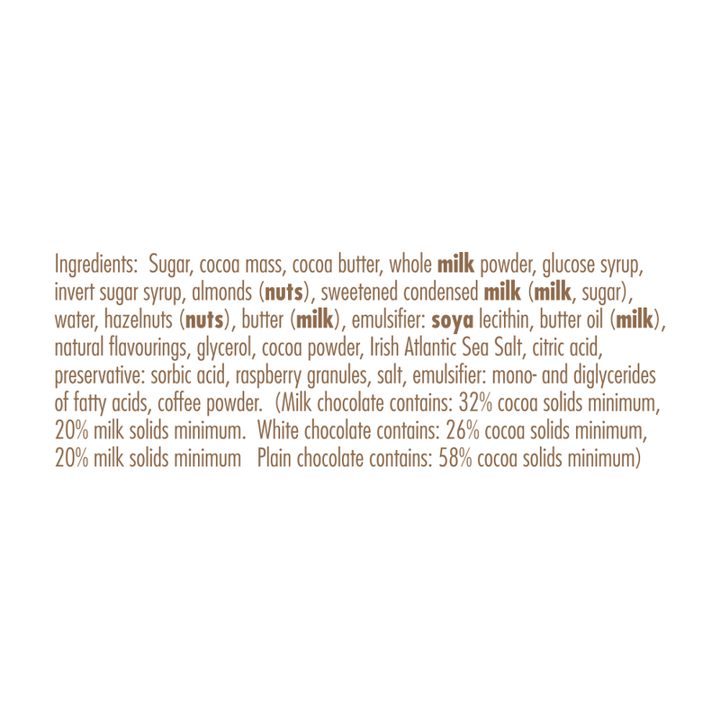 A list of Butlers Large Chocolate Ballotin 480g gift ingredients in various varieties on a white background.