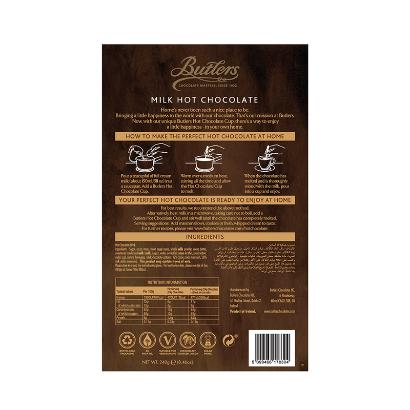 Back view of Butlers Hot Chocolate Box 240g package with brewing instructions, ingredients list, and nutritional information.