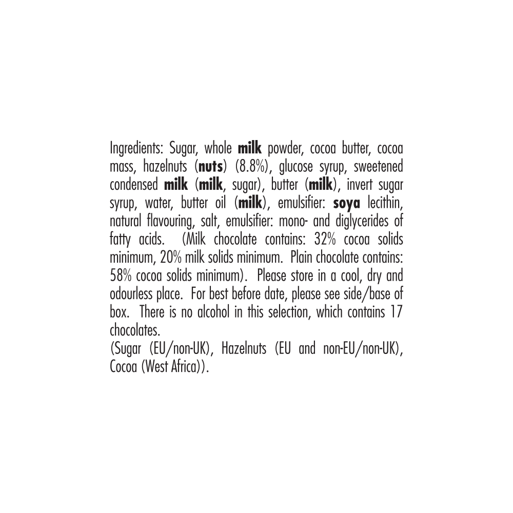 List of ingredients and nutritional information for a Butlers milk chocolate bar with hazelnut pralines.