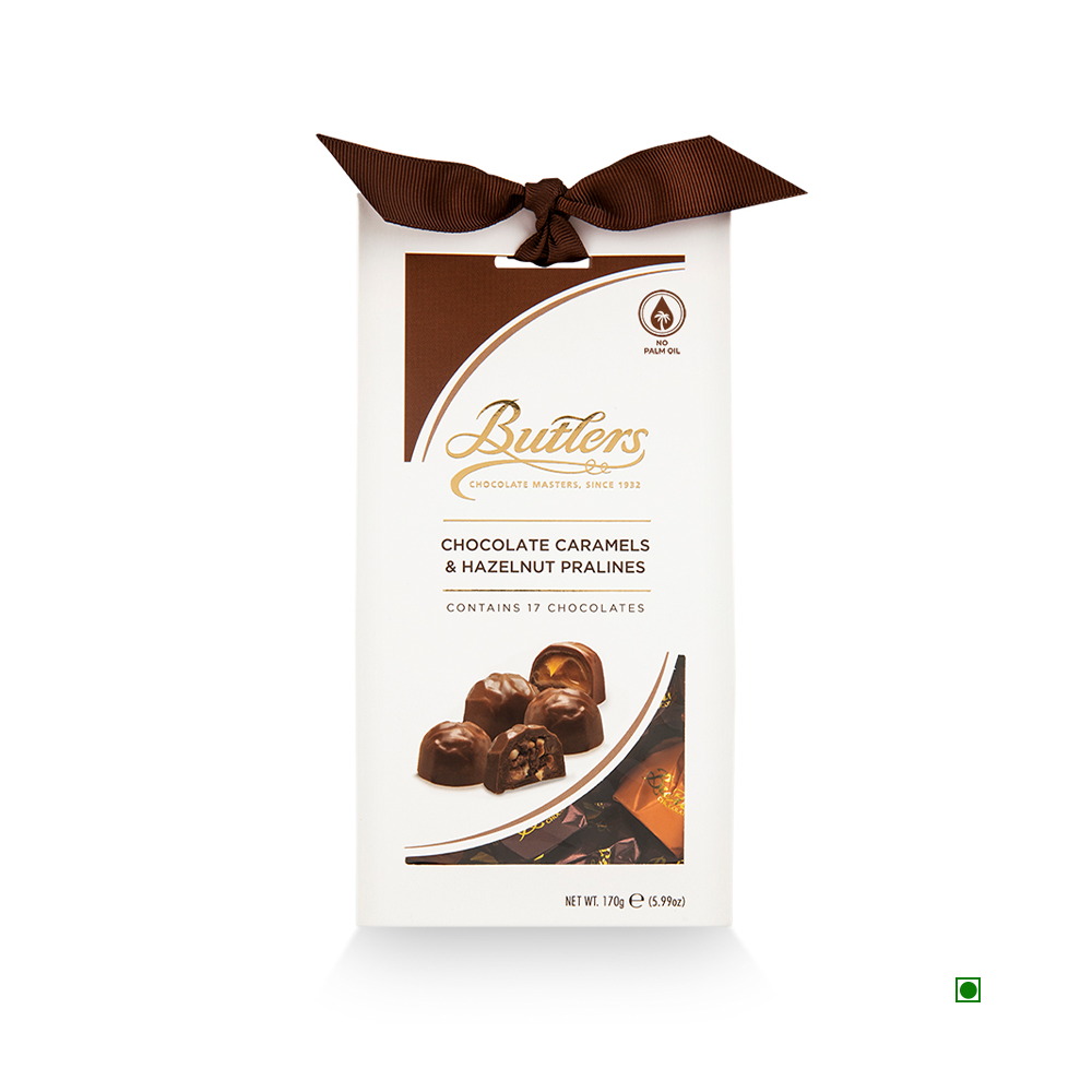 A Butlers Caramel & Praline Twistwrap 170g chocolate bar with a bow on it.