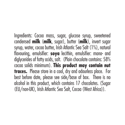 Ingredients list of a Butlers Dark Chocolate Salt Caramel Twistwrap 170g highlighting potential allergens and the source of certain ingredients from Ireland.