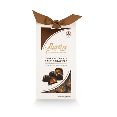 Elegant packaging of Butlers Dark Chocolate Salt Caramel Twistwrap 170g containing 17 chocolates from Ireland.