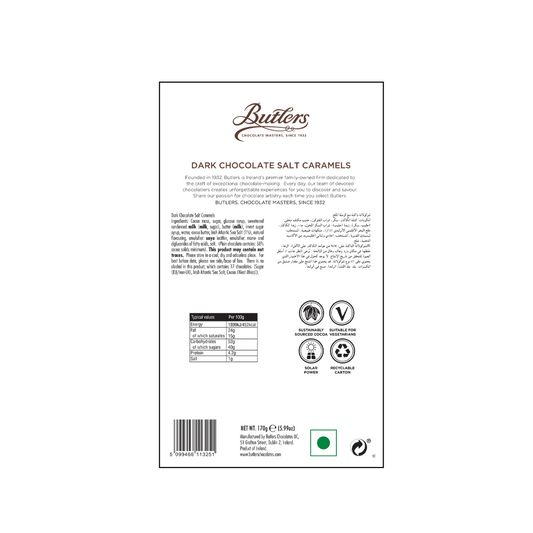 Back of a Butlers Dark Chocolate Salt Caramel Twistwrap 170g box with nutritional information, ingredient list, barcodes, and certification logos.