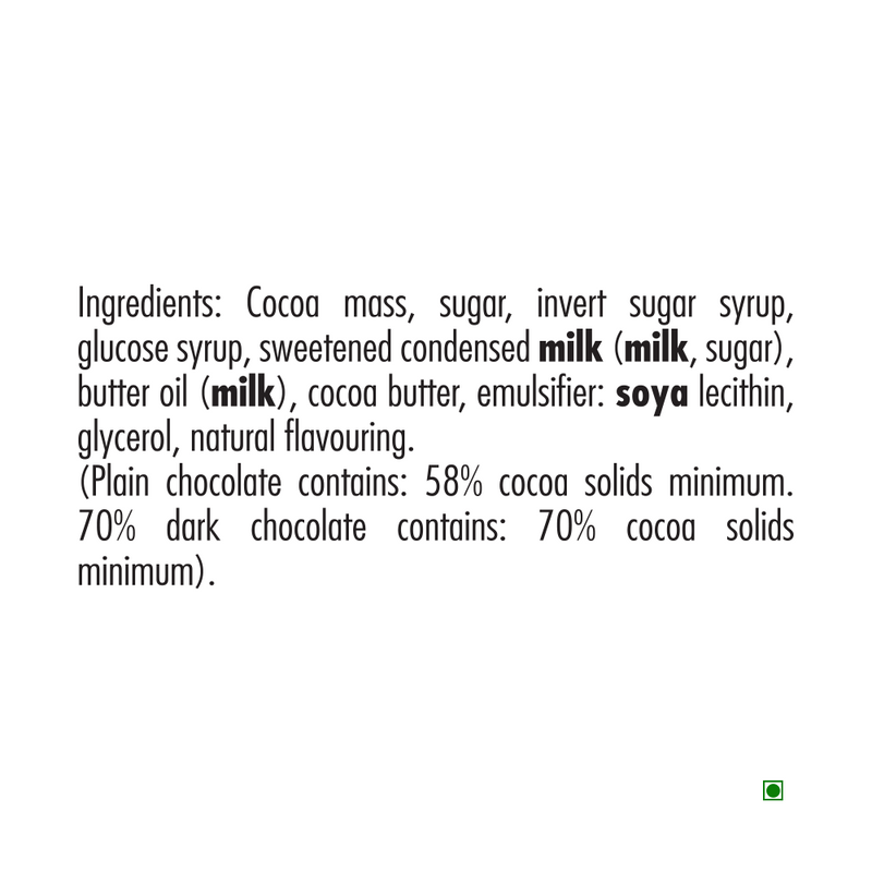 Text display of Butlers 70% Dark Chocolate ingredients and cocoa solid percentages on a plain background.