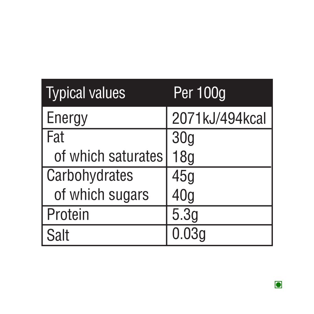 Nutritional information table showing energy, fat, saturated fat, carbohydrates, sugars, protein, and salt content per 100g in Butlers 70% Dark Chocolate Twistwrap truffles.