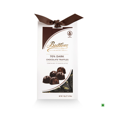 A box of Butlers 70% Dark Chocolate Twistwrap truffles with a brown ribbon.