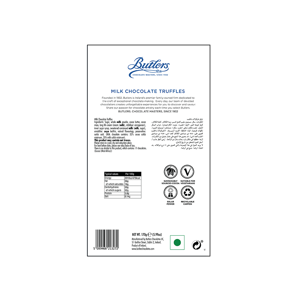 A detailed ingredients label for Butlers 70% Dark Chocolate Twistwrap 170g made in Ireland, including nutritional information, certifications, and a description in multiple languages.