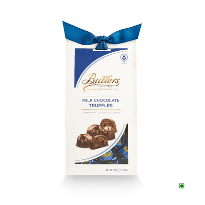 A package of creamy Butlers Milk Chocolate Truffles Twistwrap 170g with a blue ribbon.