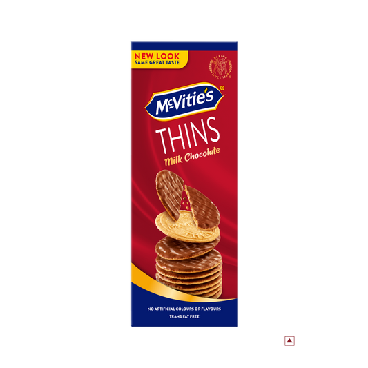 Box of McVitie’s Thins Milk Chocolate 150g biscuits showcases a red and blue design with stacked biscuits on the front. The packaging highlights "New Look" and states “Country of Origin: Egypt.”