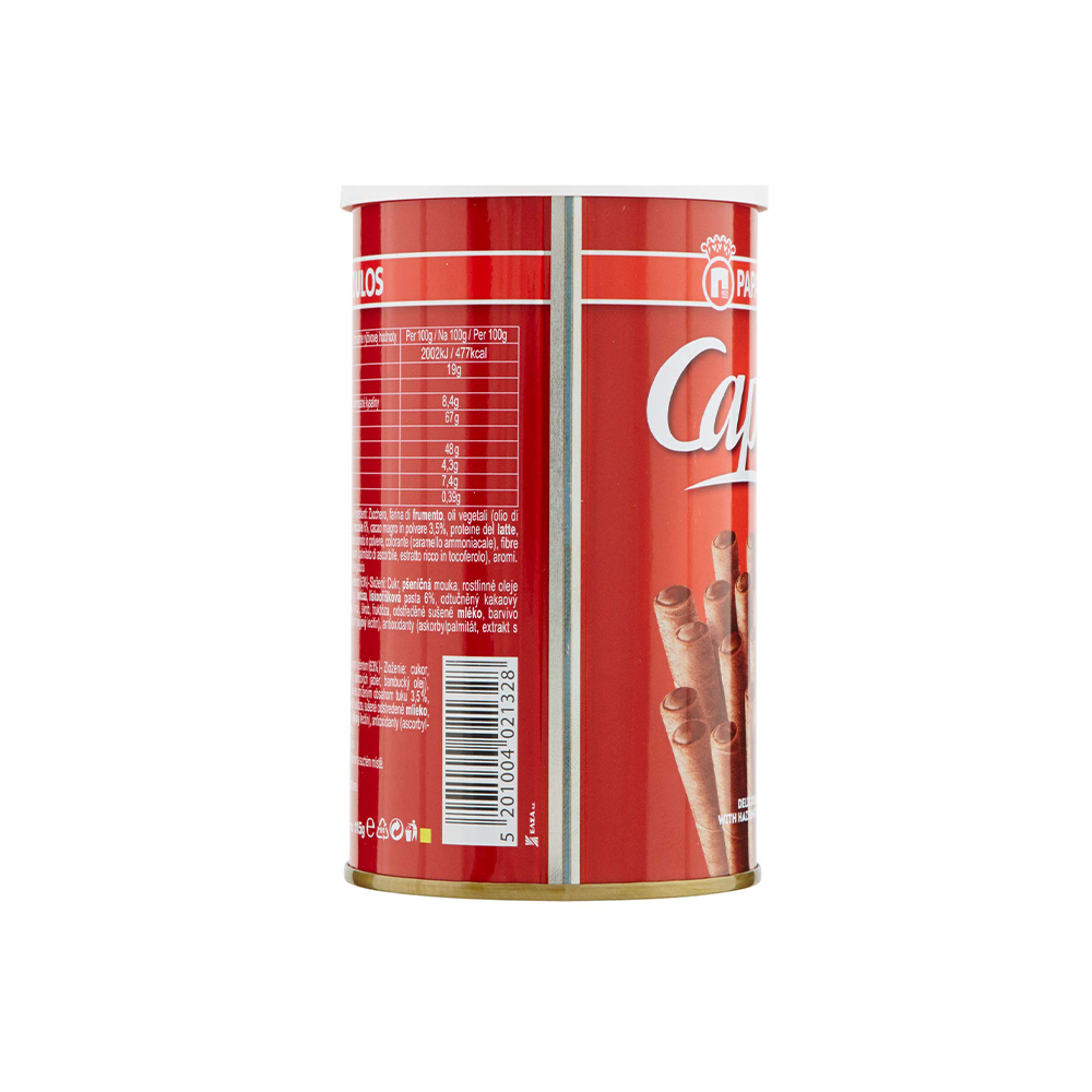 A cylindrical tin of Caprice Classic 115g chocolate hazelnut cream wafer rolls, displaying the nutritional information and red Caprice branding.
