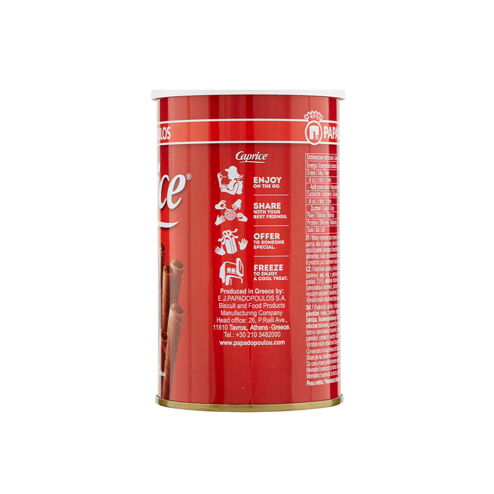 A cylindrical red Caprice Classic 115g wafer roll container displaying nutritional information and brand logos.
