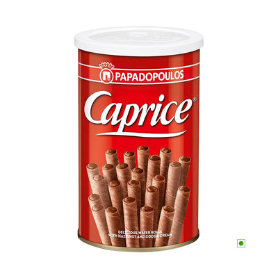 A canister of Caprice Classic 115g crispy wafer rolls with hazelnut cream.