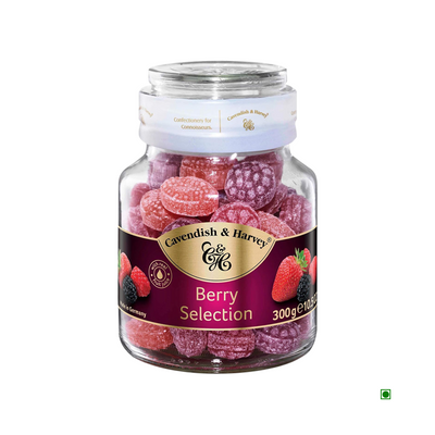 Sentence with replaced product names: Glass jar of Cavendish & Harvey Berry Selection 300g delicacies, featuring sugared berry-shaped candies. Country of Origin - Germany.