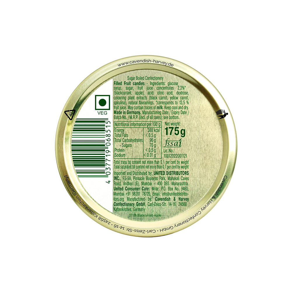 Back of a Cavendish & Harvey Blackcurrant with Apple filling candy tin showing nutritional information, ingredients with natural flavors and real fruit juice, net weight of 175g, a vegetarian symbol, barcode, and manufacturer details on a gold background.