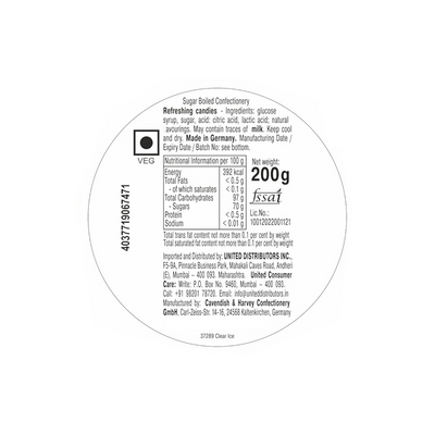 Nutritional label detailing ingredients and dietary information for a Cavendish & Harvey Clear Ice Drops 200g product, including energy, sugar, and fat content.