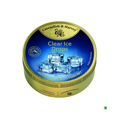 A tin of Cavendish & Harvey Clear Ice Drops 200g hard candies with a glacial cool taste.