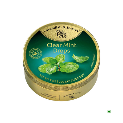 A tin of Cavendish & Harvey Clear Mint Drops 200g confectionery delicacies from Germany.