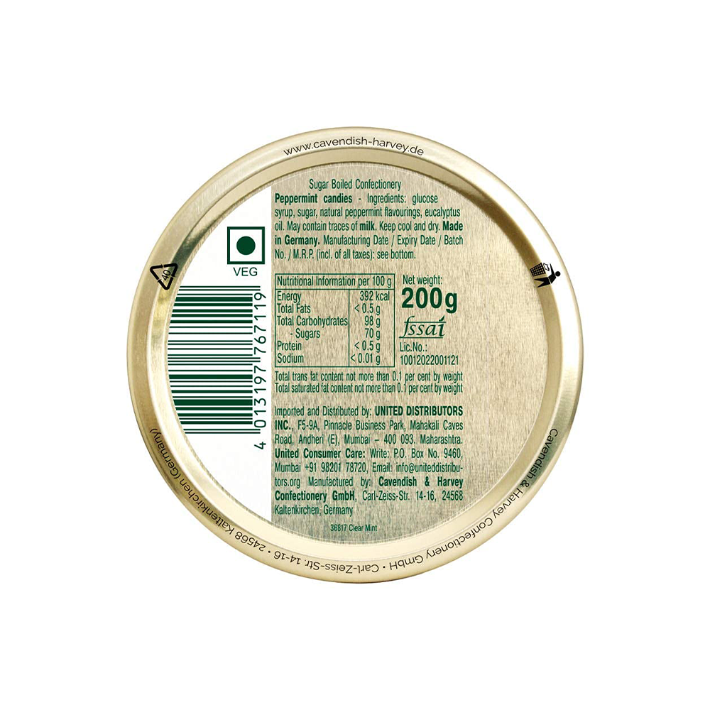 Bottom view of a Tin of Cavendish & Harvey Clear Mint Drops 200g showing nutritional information, barcode, and company details from Cavendish & Harvey, Germany.