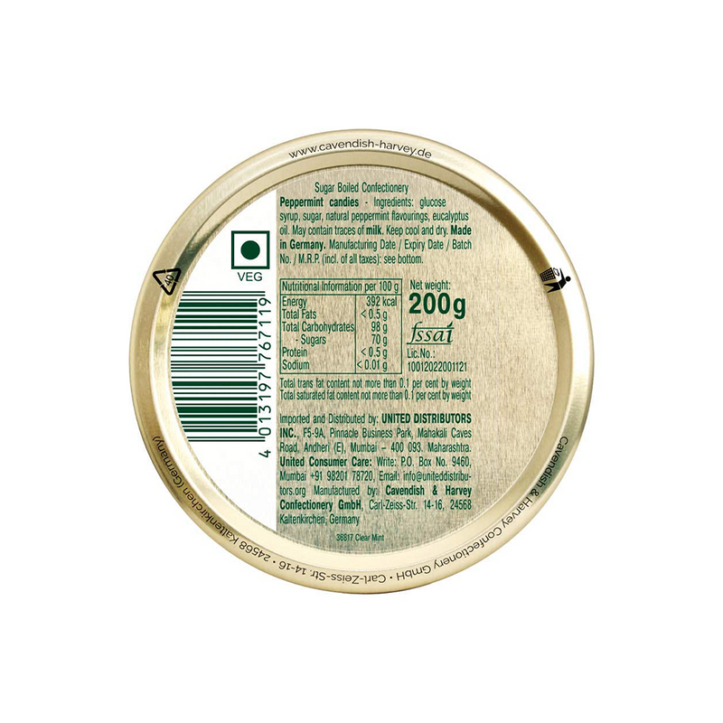 Bottom view of a Tin of Cavendish & Harvey Clear Mint Drops 200g showing nutritional information, barcode, and company details from Cavendish & Harvey, Germany.