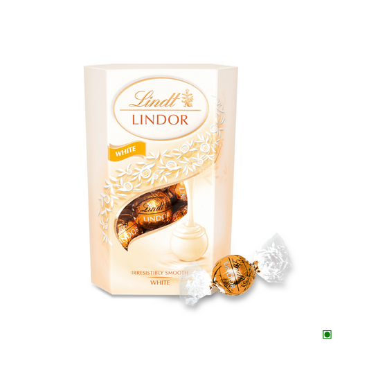 Box of Lindt Lindor Chocolate Cornet White 200g, featuring one unwrapped chocolate bonbon in the foreground.