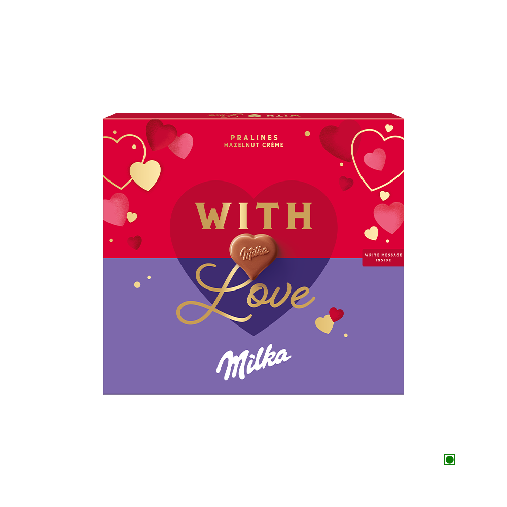 Box of Milka Pralines 110g featuring a purple and red design with heart shapes and gold text, making it a perfect chocolate gift.