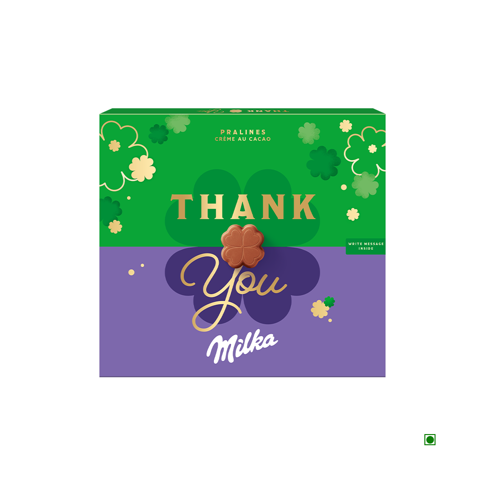 A Milka Hazelnut Pralines Box 110g thank you gift, adorned with a green and purple design featuring a clover and the text "Thank You" on the front. The country of origin is Bulgaria.