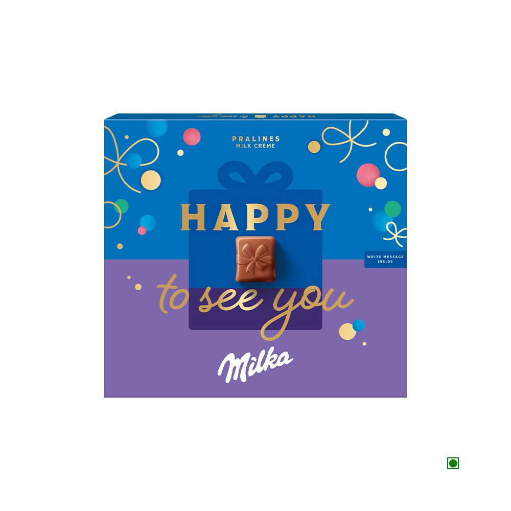 Milka Chocolate Crème Pralines Box 110g features a blue and purple design with a gift motif and the words "Happy to see you" prominently displayed in the center. Produced in Bulgaria, this delightful box contains pralines filled with creamy milk creme.