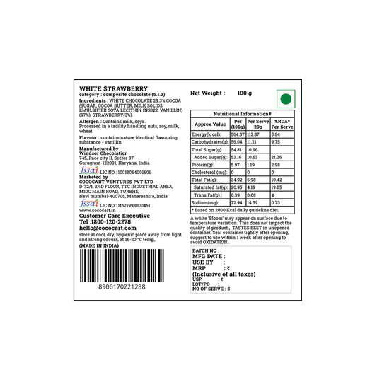 Label of a Rhine Valley White Strawberry Bar 100g showing nutritional information, ingredients, manufacturer details (Country of Origin: India), usage instructions, storage conditions, batch and MFG details, and a barcode.