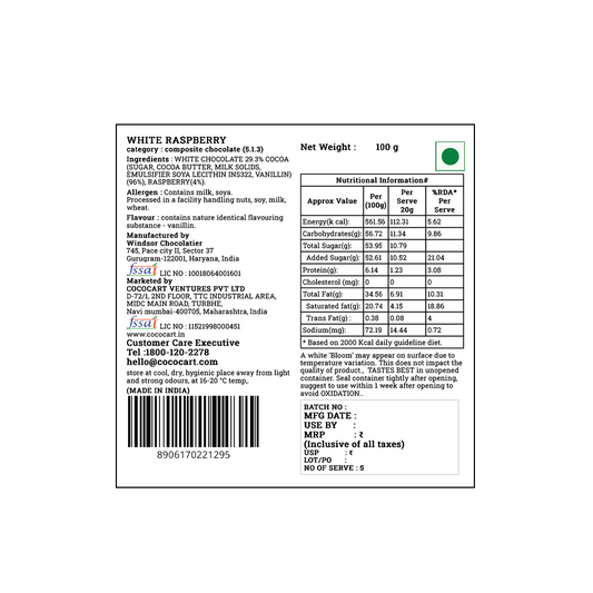 Image of the back of a Rhine Valley White Raspberry Bar 100g packaging showing the nutritional information, ingredients, manufacturer details, customer care contact, batch number, manufacturing and expiry dates. An Indian product proudly marked with its Country of Origin: India.