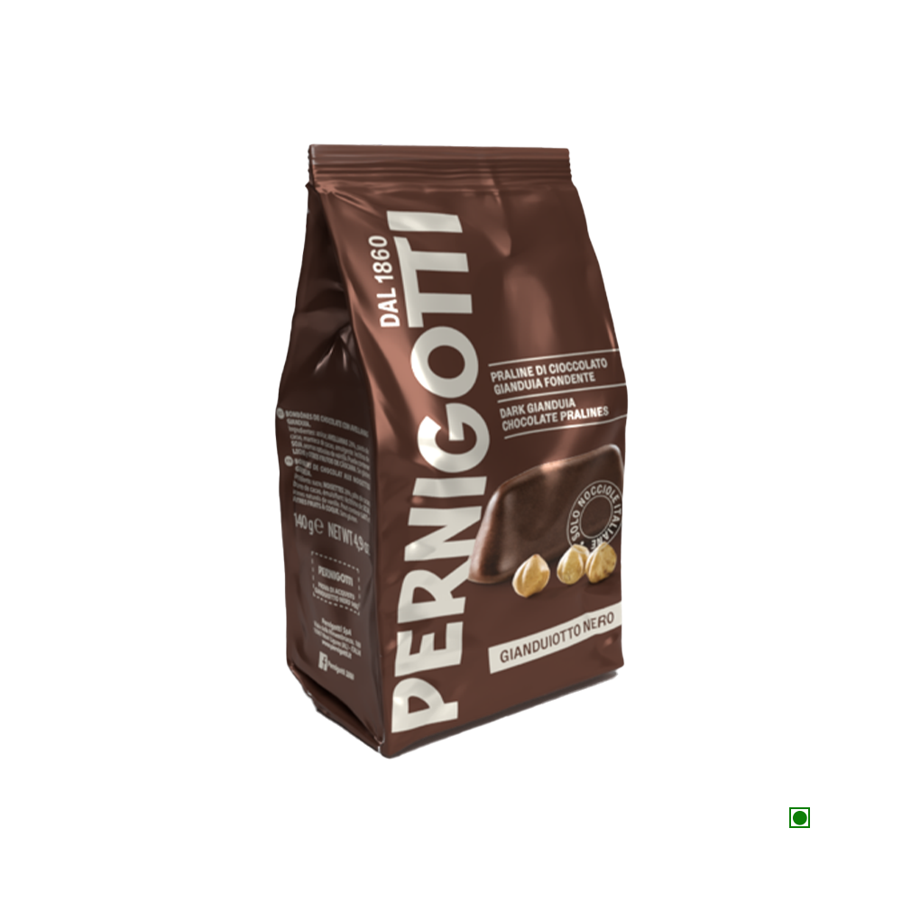 A Pernigotti Gianduiotto Nero Bag, weighing 140g, features the exquisite Italian taste of dark chocolate pralines with hazelnuts.