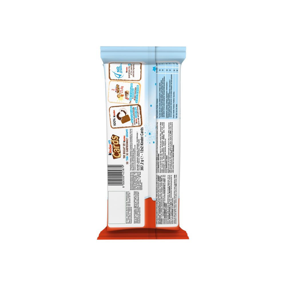 A rear view of the Kinder Cards T(2x13) 332g packaged frozen dessert treat displays crispy wafers and the signature Kinder filling, along with labels and nutritional information in both English and Spanish. The orange and blue packaging shares a playful design similar to that of Kinder Cards.