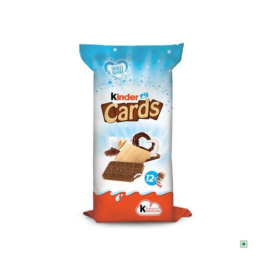 The packaging of the Kinder Cards T(2x13) 332g from Kinder beautifully highlights a delightful combination of crispy wafers and the signature Kinder filling, creating an ideal cocoa and milk cream snack.