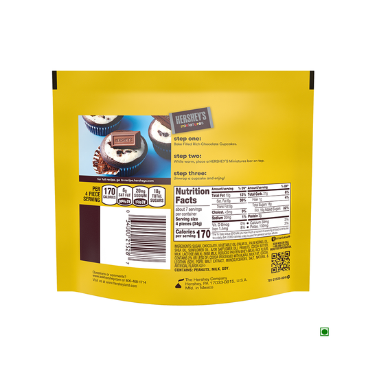 The Hershey's Miniatures Bag 226g by Hershey's showcases nutritional information, an ingredient list, and a delicious chocolate cupcake recipe on its packaging. Relish the assorted chocolate pieces in this convenient bag, ideal for baking or snacking at any time.