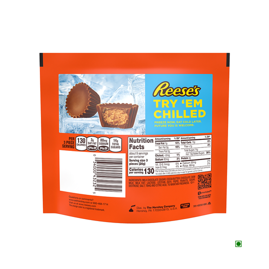 The packaging for Hershey's Reeses Peanut Butter Cup Bag 226g highlights a delectable peanut butter cup, complete with nutrition information and a suggestion to try it chilled for an enhanced treat. These iconic cups, blending the perfect harmony of Hershey's Milk Chocolate, embody a flavor cherished throughout the USA.