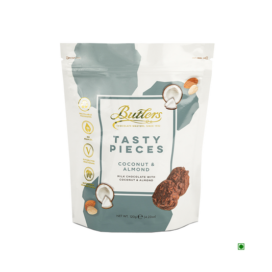 A bag of Butlers Coconut & Almond Tasty Pieces Pouch 120g. The packaging is white with green accents and illustrations of fragrant coconut and crunchy almond pieces. The weight is 120g.